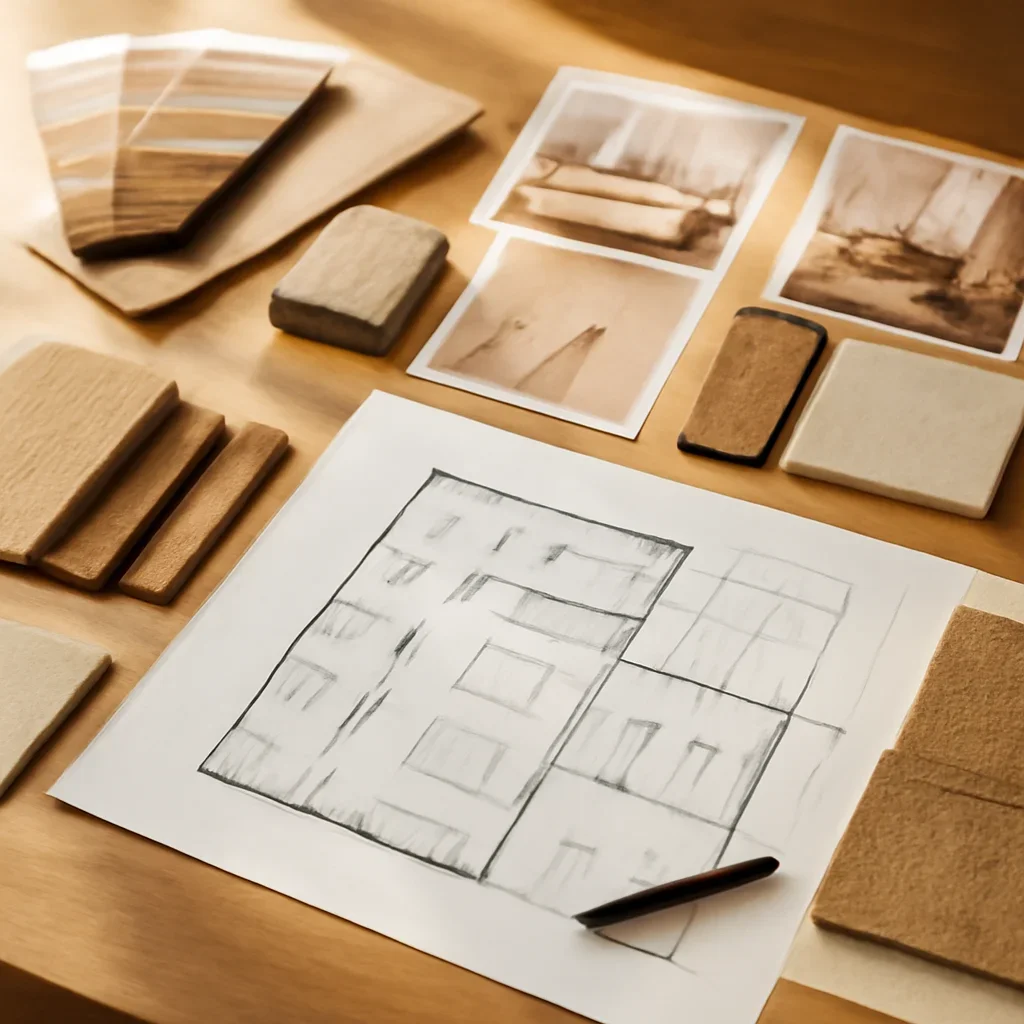 Design planning materials and selections arranged for a home project.